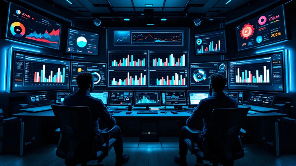 Data analytics command centre with revenue band scoring dashboards on large monitors, data engineers reviewing tiered scoring models in deep blue and teal lighting