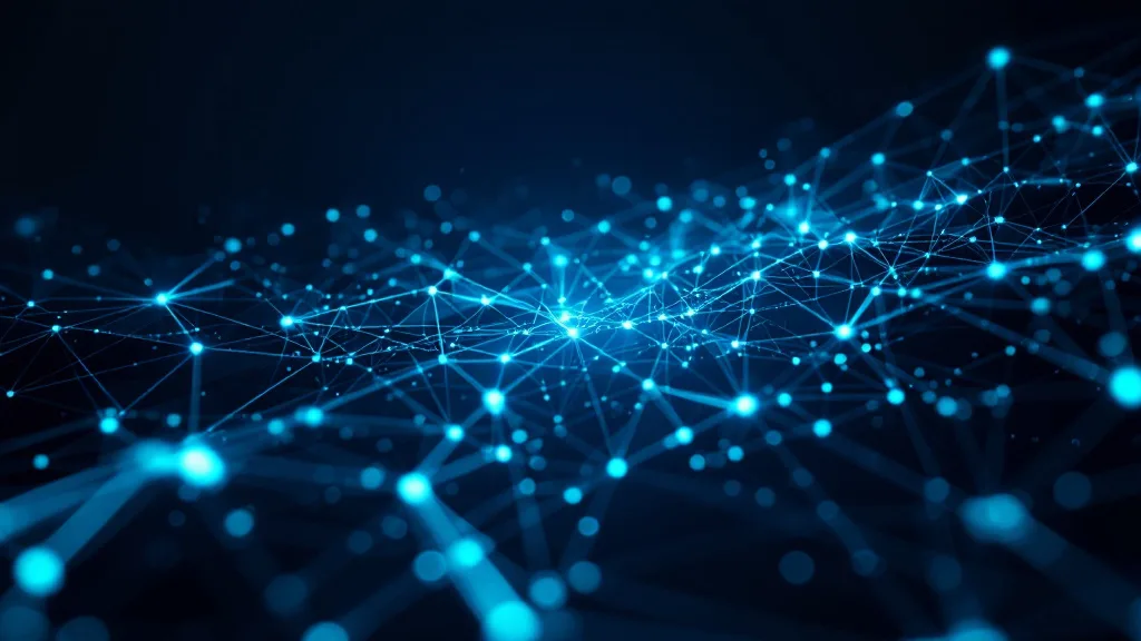Abstract data network diagram representing vendor record deduplication and matching at scale, glowing blue nodes on dark background