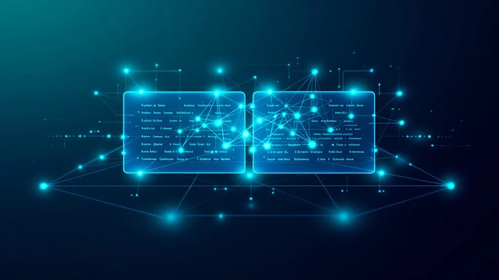 Abstract visualization of vendor matching software — overlapping data grids with glowing node connectors representing supplier record deduplication and matching pipelines