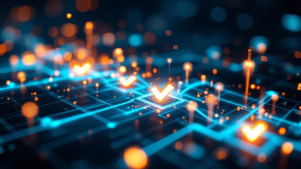 Year-end data quality checklist: abstract digital calendar grid with glowing data streams and checkmarks representing systematic data profiling, cleansing and deduplication review